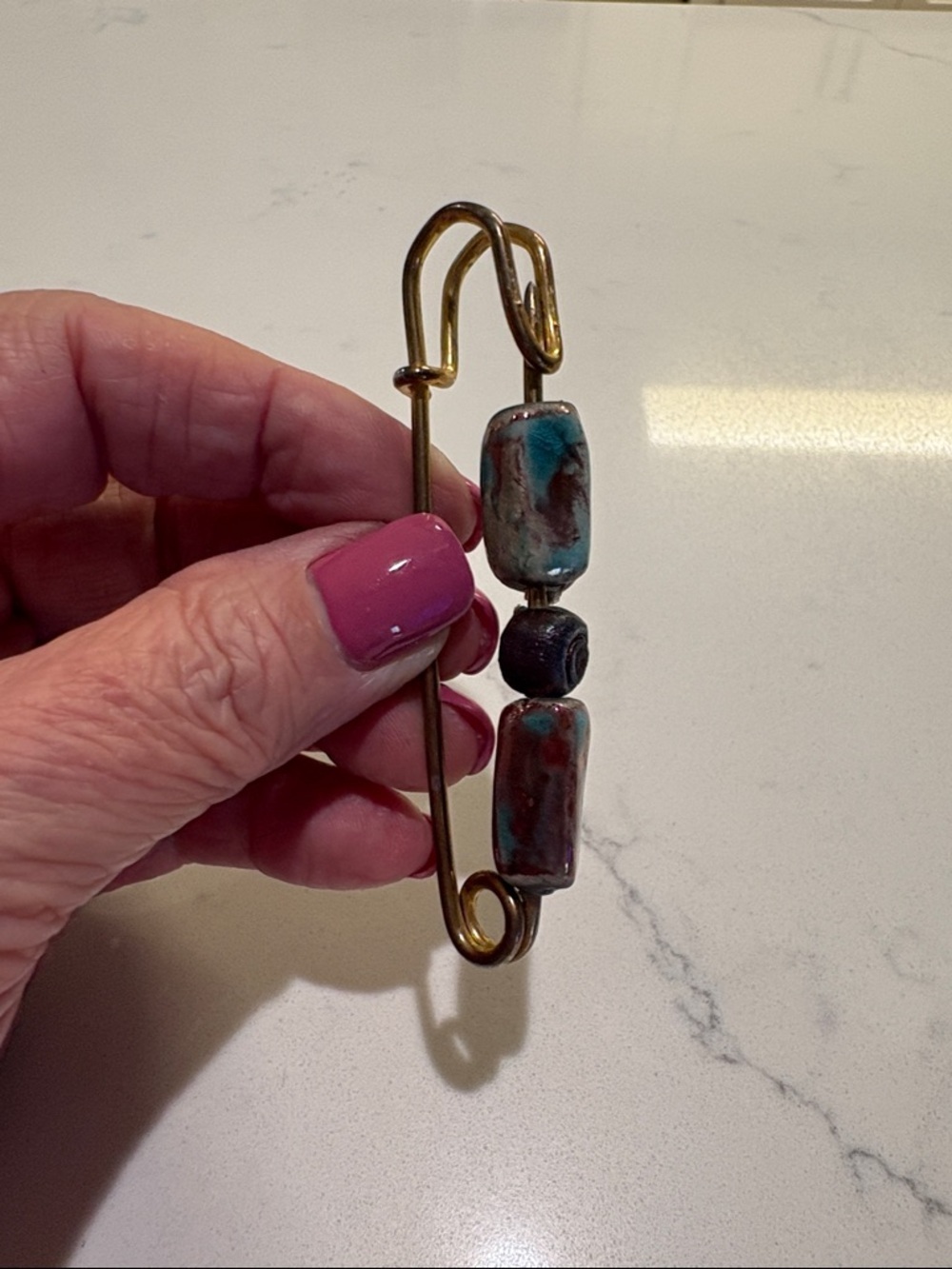 Boho Brass Safety Pin Brooch with Turquoise-Red Beads… - Picture 4 of 5
